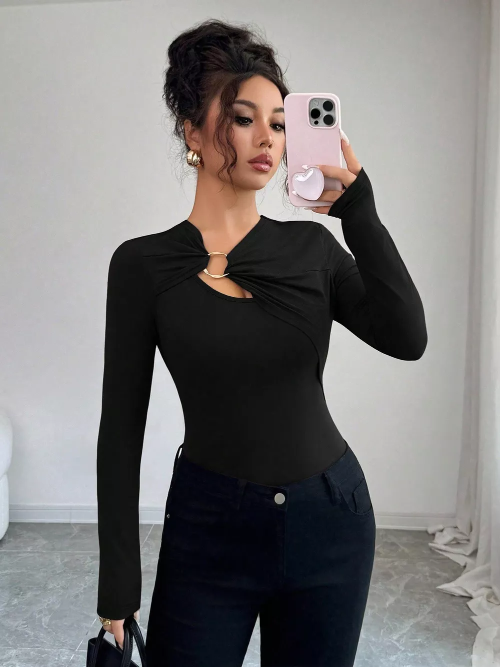 Twist Front Ring Detail Long Sleeve T-Shirt, image 12