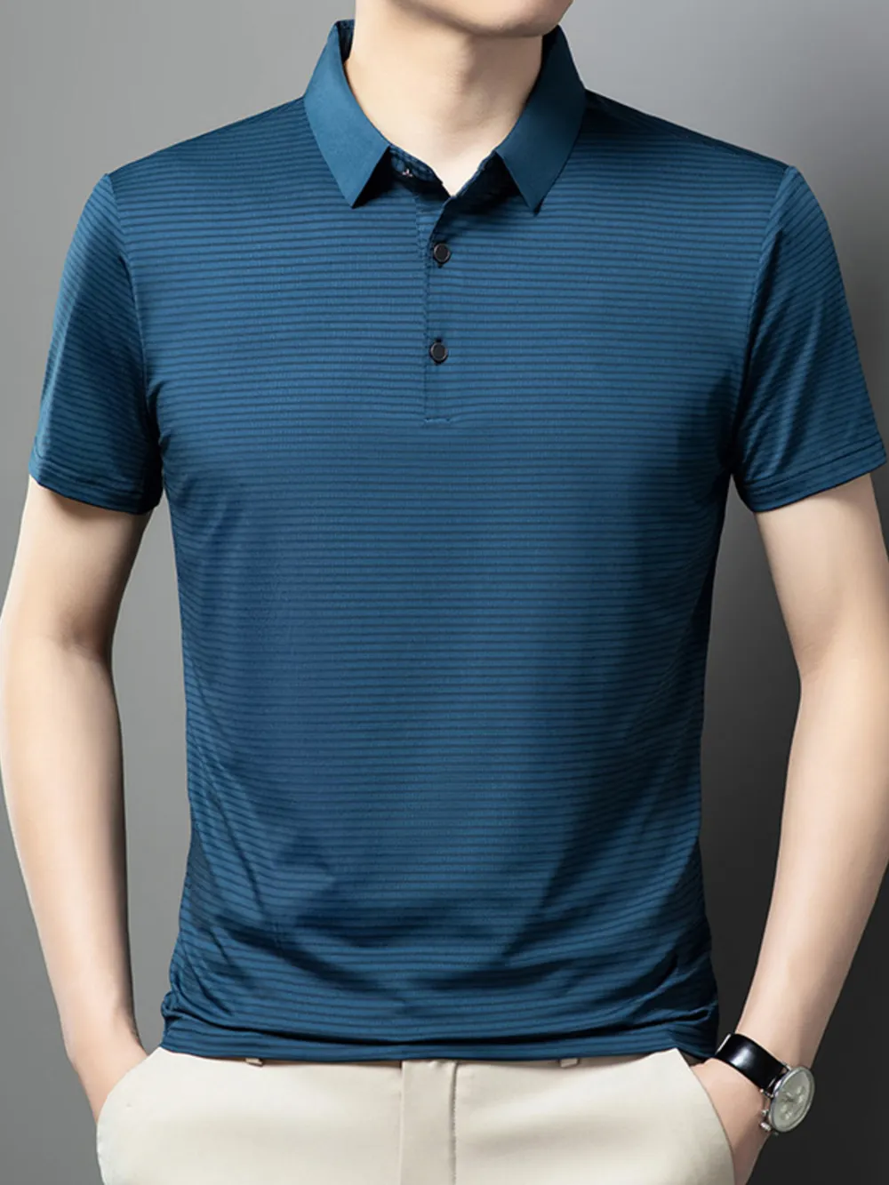 Men's Plus Size Classic Striped Business Casual Polo Shirt, image 3
