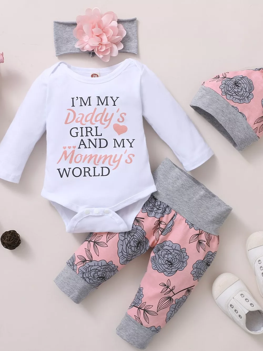 Children's Letter Graphic Bodysuit and Floral Pants Set with Headband and Hat, image 2