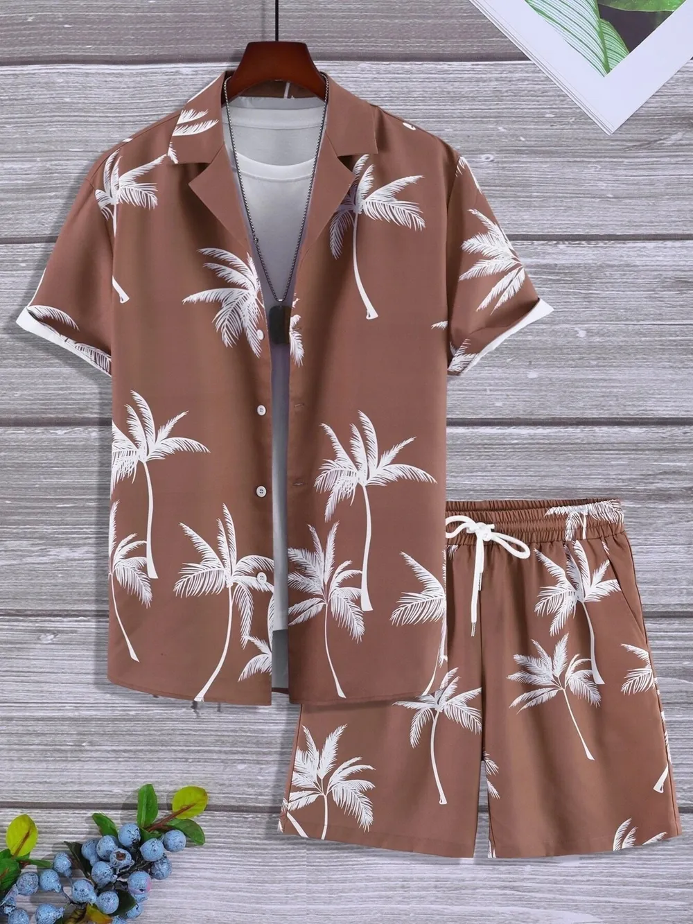 Men's Full Size Palm Print Button Up Shirt and Shorts Set Plus Size, image 2