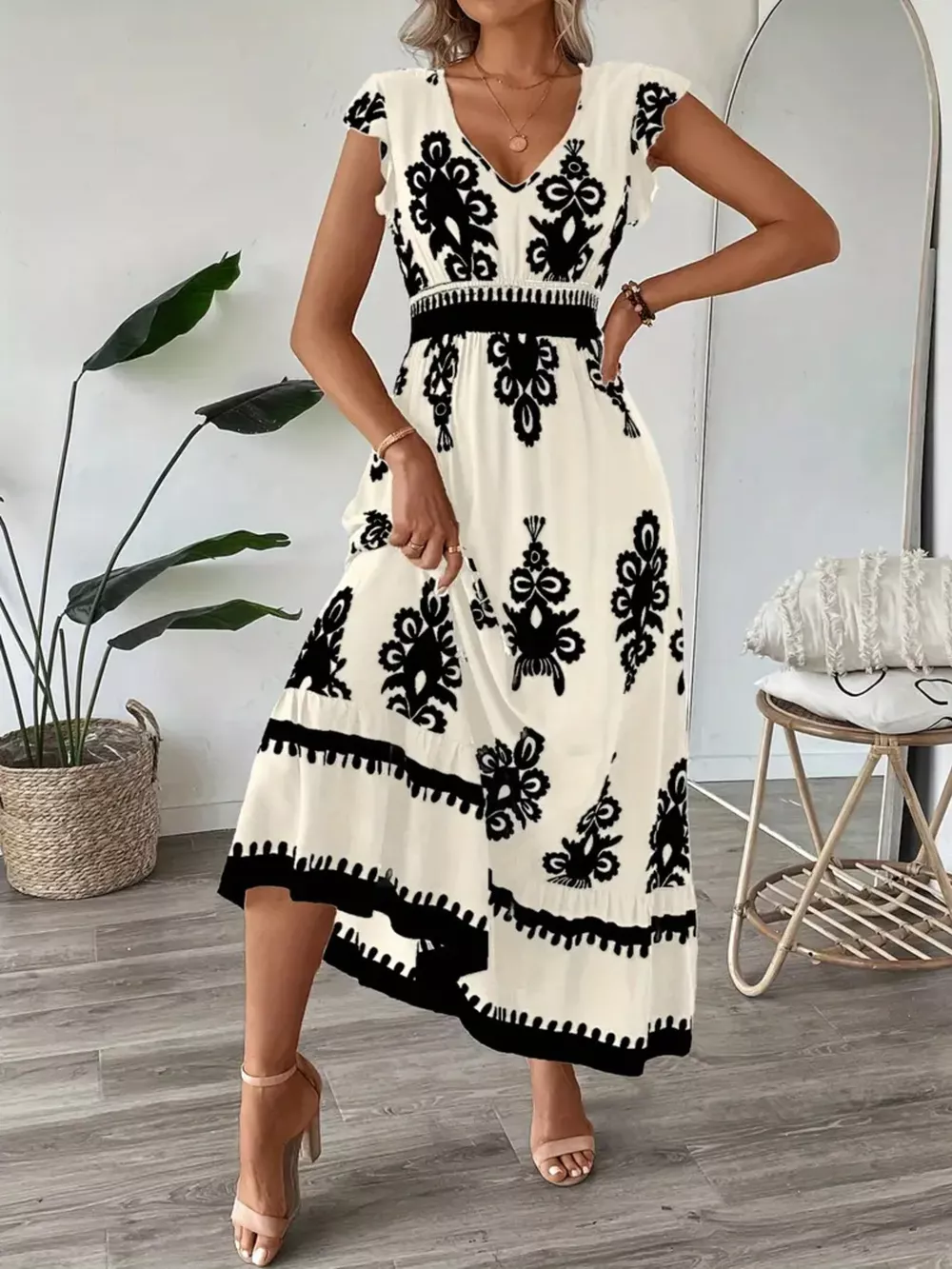 Printed V-Neck Ruffled Cap Sleeve Dress, image 7