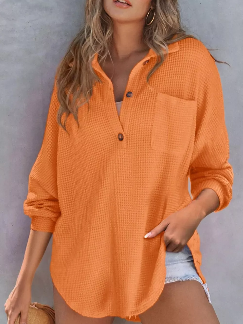 Casual Waffle Knit Button Detail Blouse, image 14