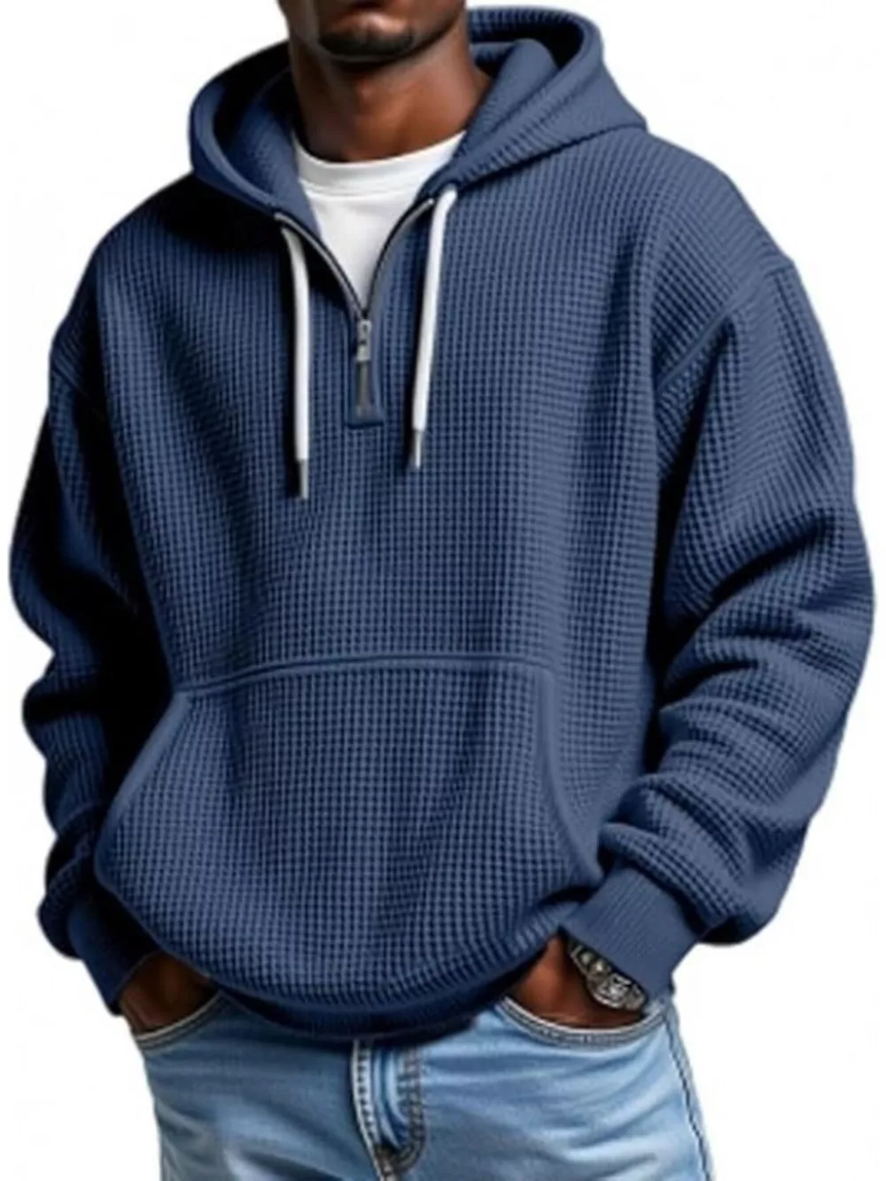 Men's Full Size Waffle Knit Quarter Zip Hoodie Plus Size, image 3