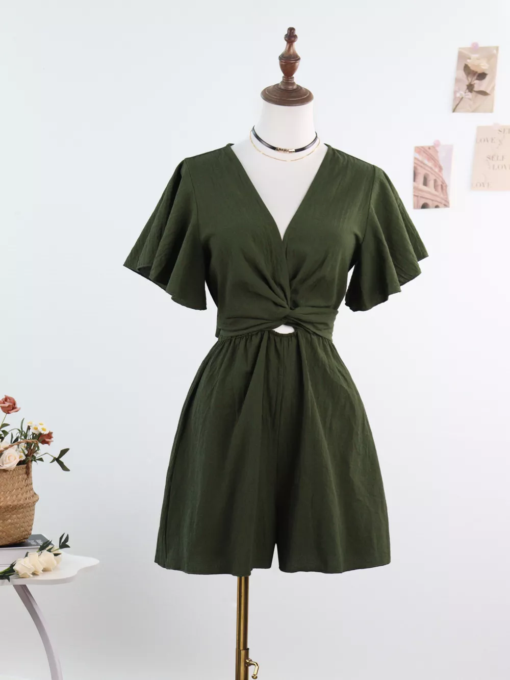 Tie Waist Flutter Sleeve Romper, image 5