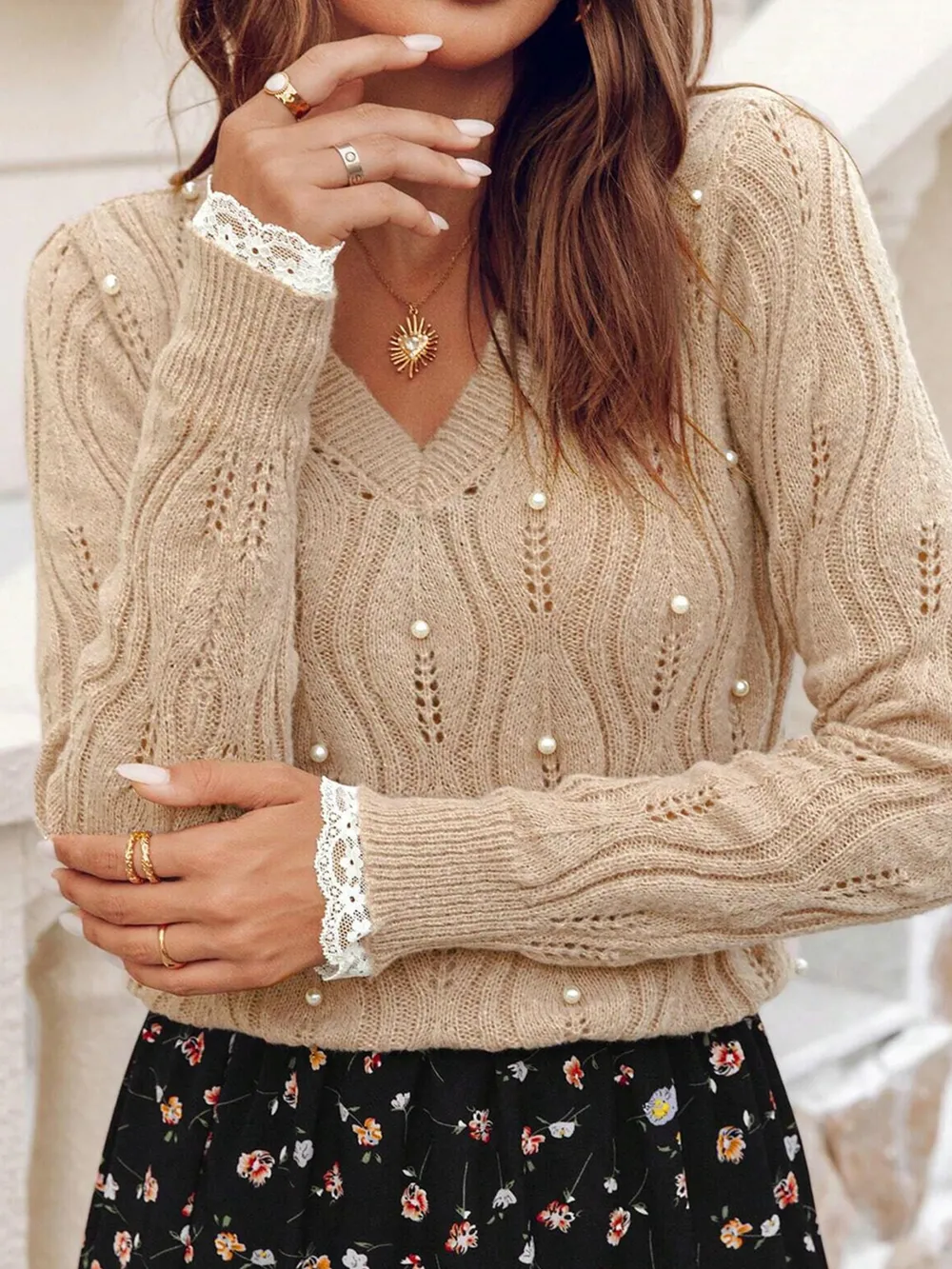 Pearl Beaded Pointelle Knit V Neck Lace Patchwork Sleeve Sweater