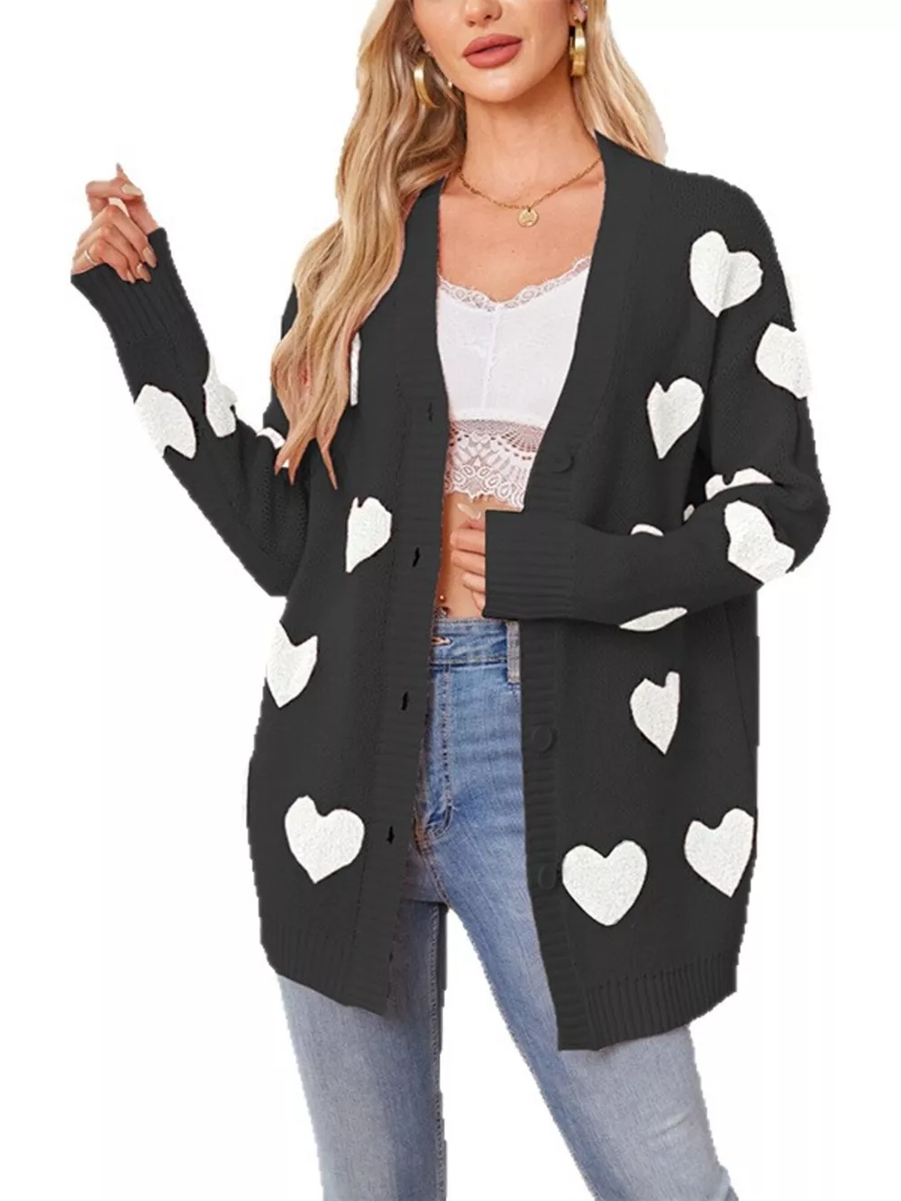 Heart Pattern V-Neck Button-Down Knit Cardigan, image 12
