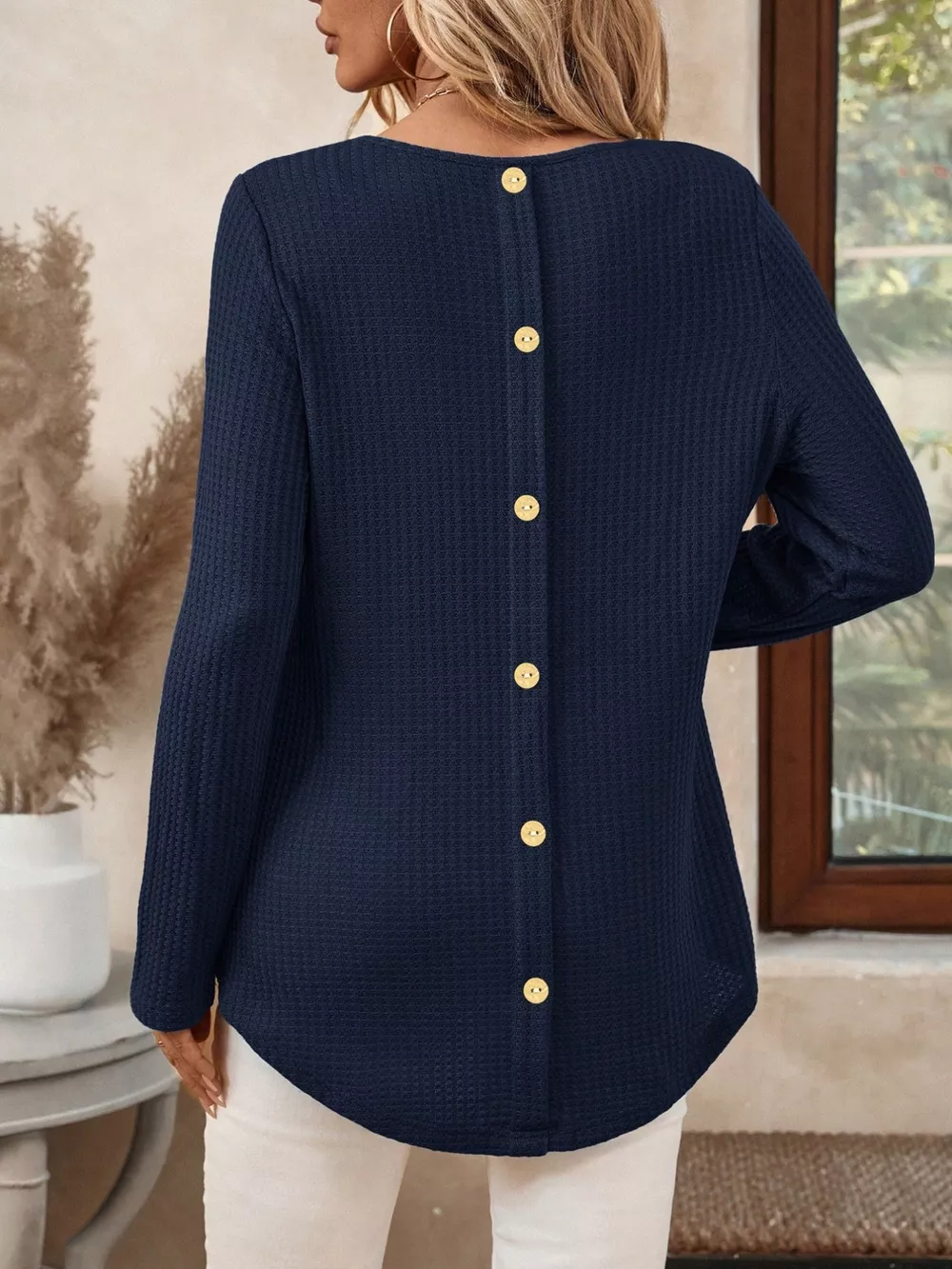 Plus Size Casual Waffle Knit Long Sleeve T-Shirt, image 5
