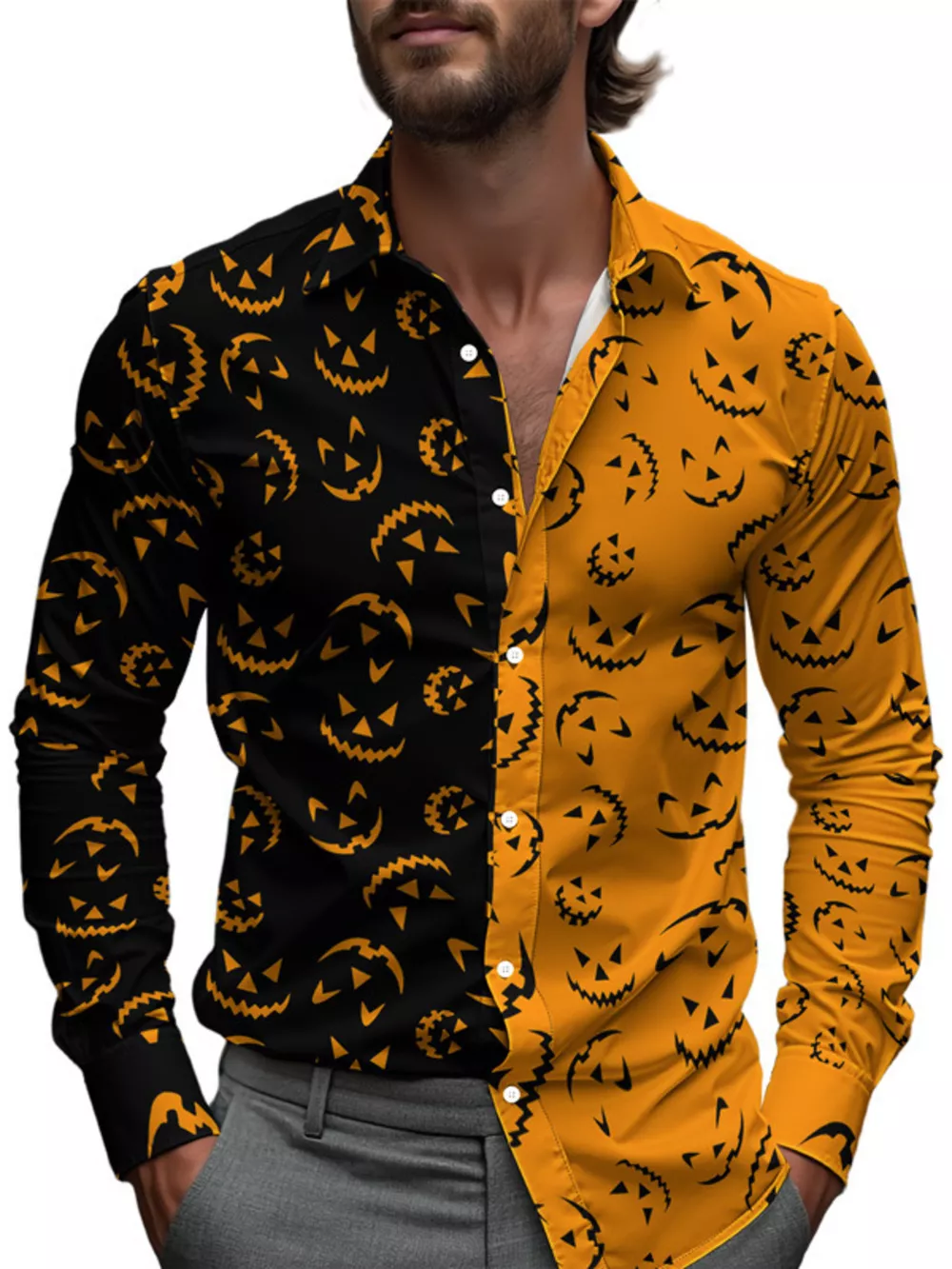 Men's Full Size Halloween Print Long Sleeve Button-Down Shirt Plus Size, image 2