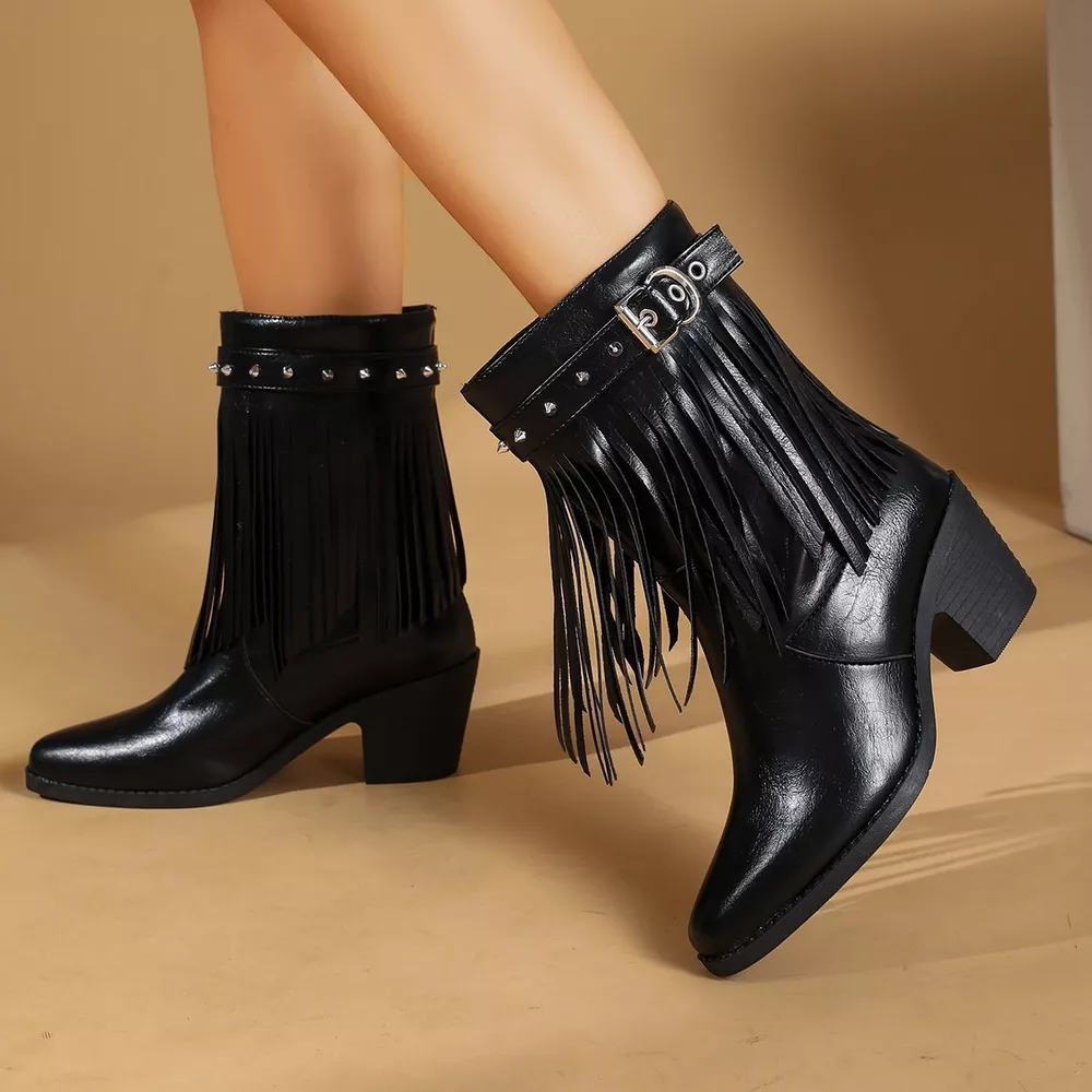 Western Style Fringe Studded Mid-Calf Boots, image 3