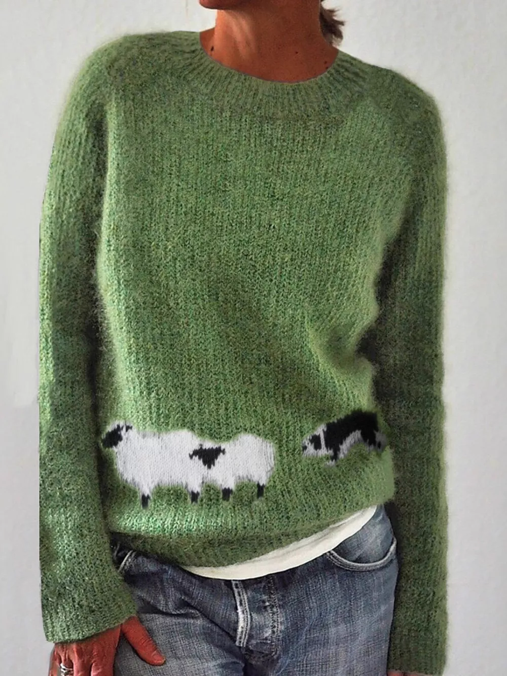 Full Size Sheep Pattern Round Neck Sweater Plus Size, image 2