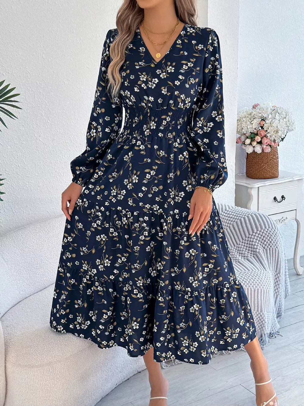 Floral Print Long Sleeve V-Neck Midi Dress, image 2