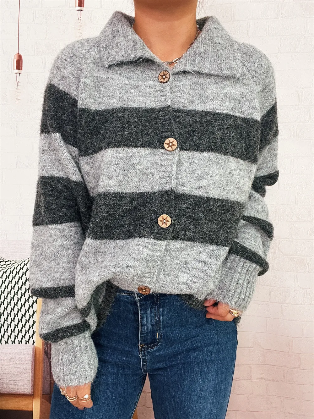 Striped Button-Up Cozy Cardigan, image 13