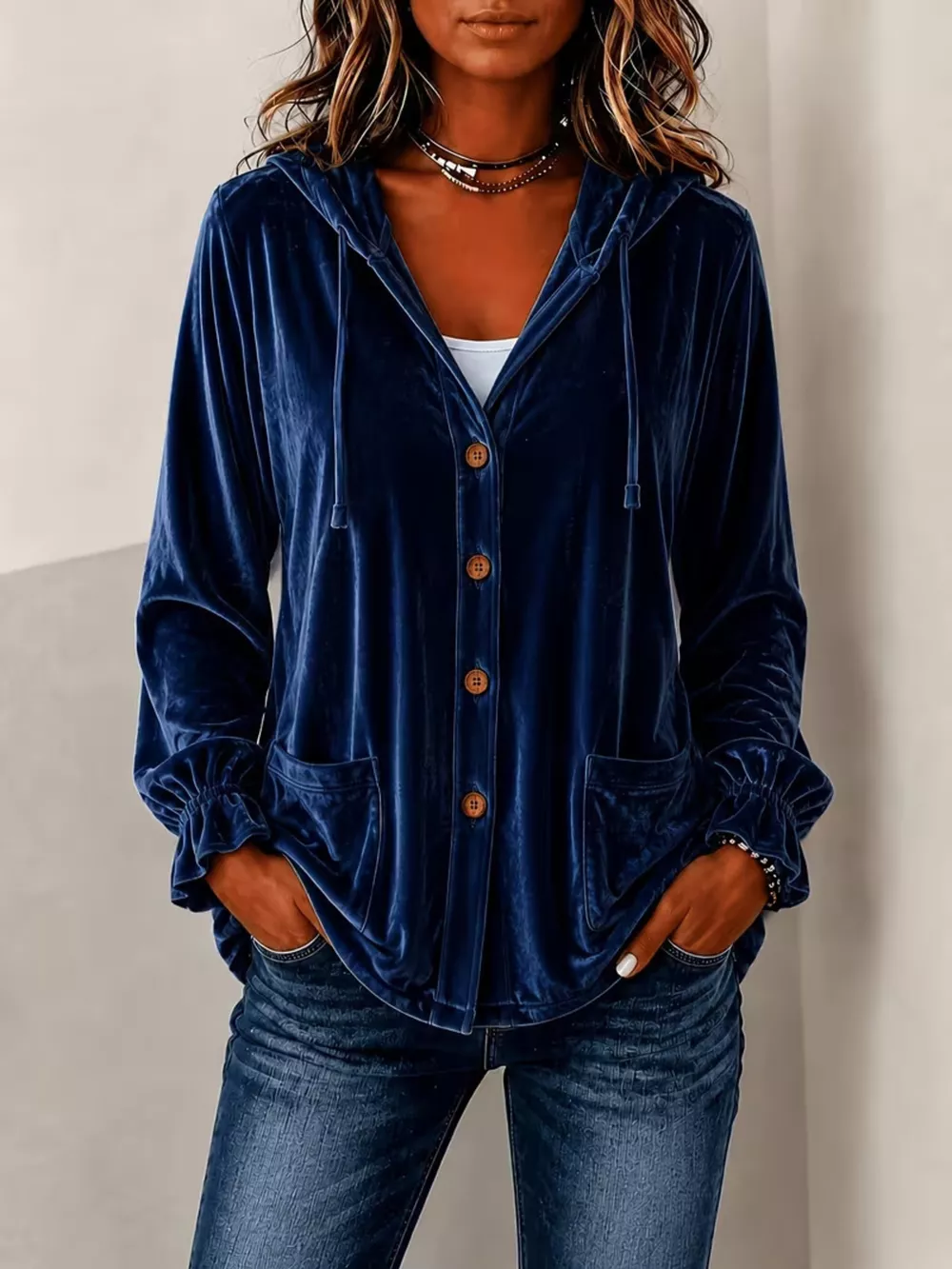 Full Size Velvet Button-Down Hooded Outerwear Plus Size, image 13