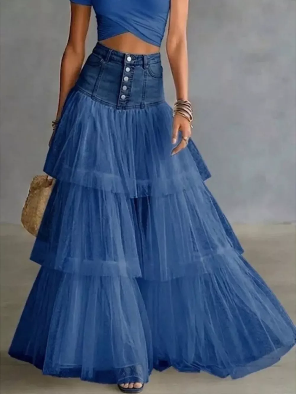 High-Waisted Button-Front Denim and Tulle Maxi Skirt, image 4