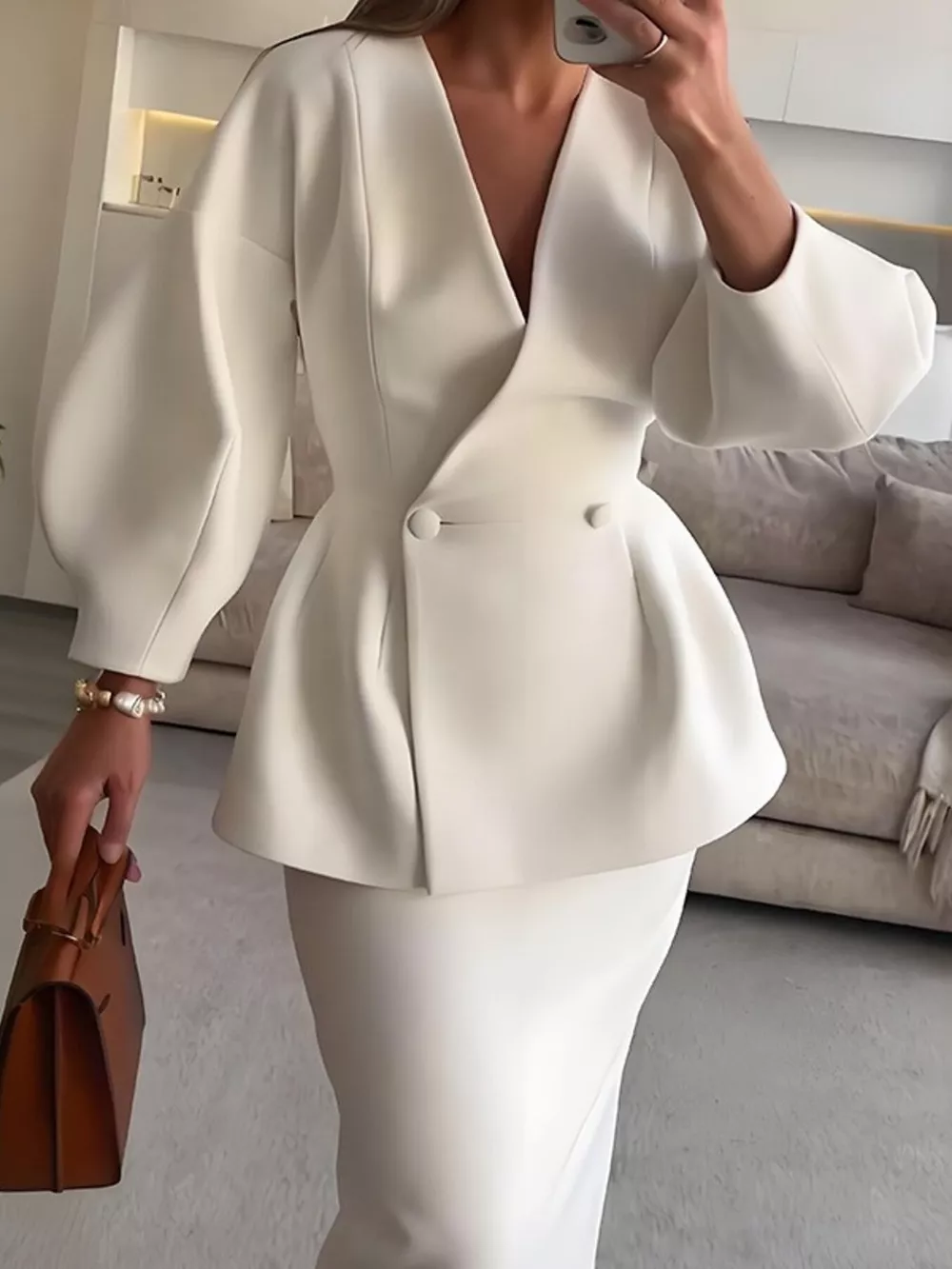 Double-Breasted Peplum Blazer and Skirt Set, image 4