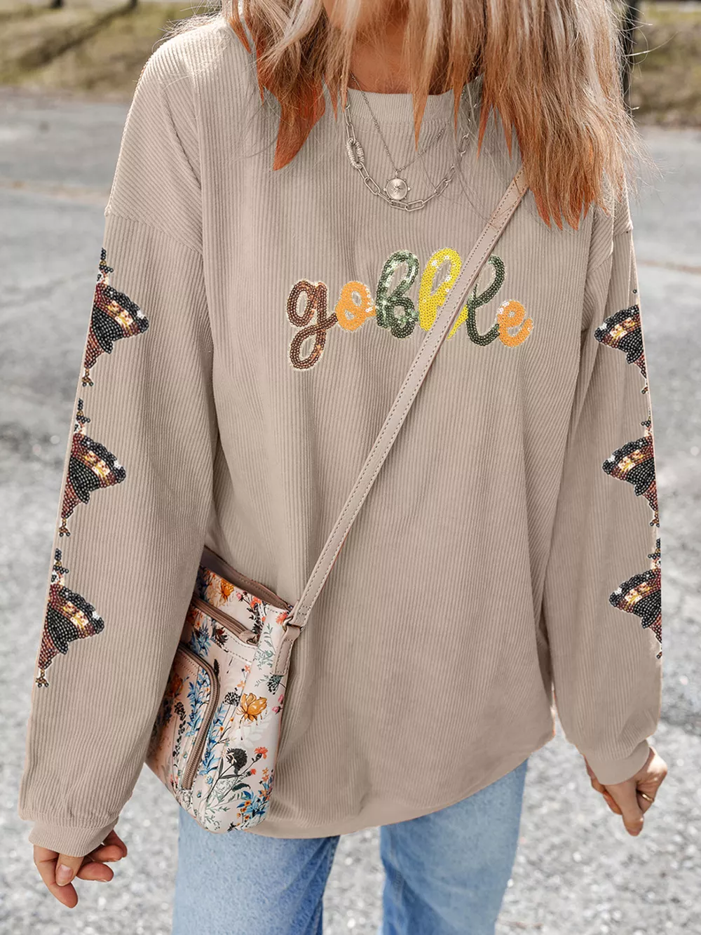 Gobble Corded Ribbed Thanksgiving Turkey Sequin Patched Sleeve Sweatshirt, image 2