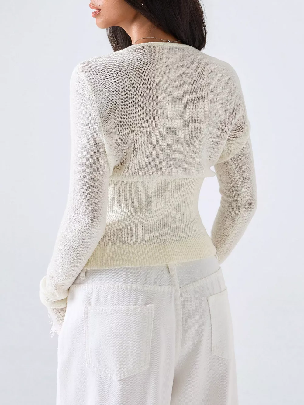Lace-Trimmed V-Neck Button-Down Cardigan, image 3