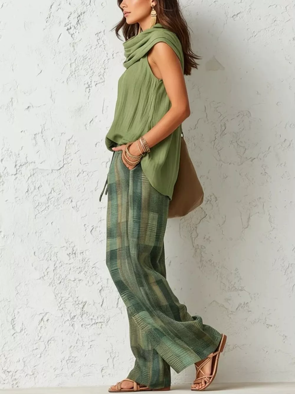 Full Size Sleeveless Cowl Neck Top and Plaid Wide-Leg Pant Two-Piece Set Plus Size, image 4
