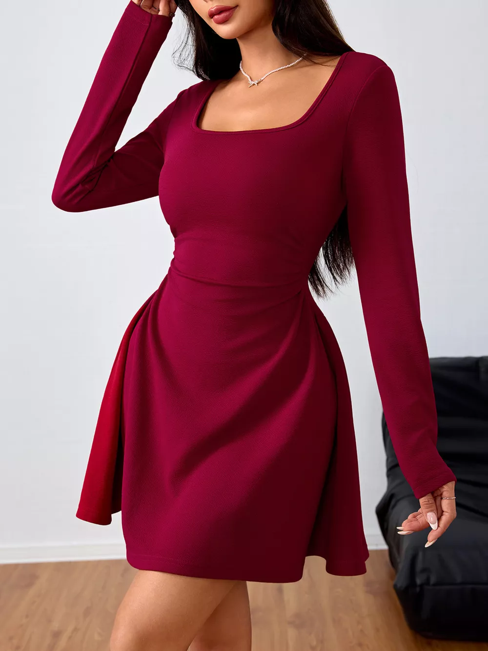 Square Neck Long Sleeve Ruched Waist Mini Dress