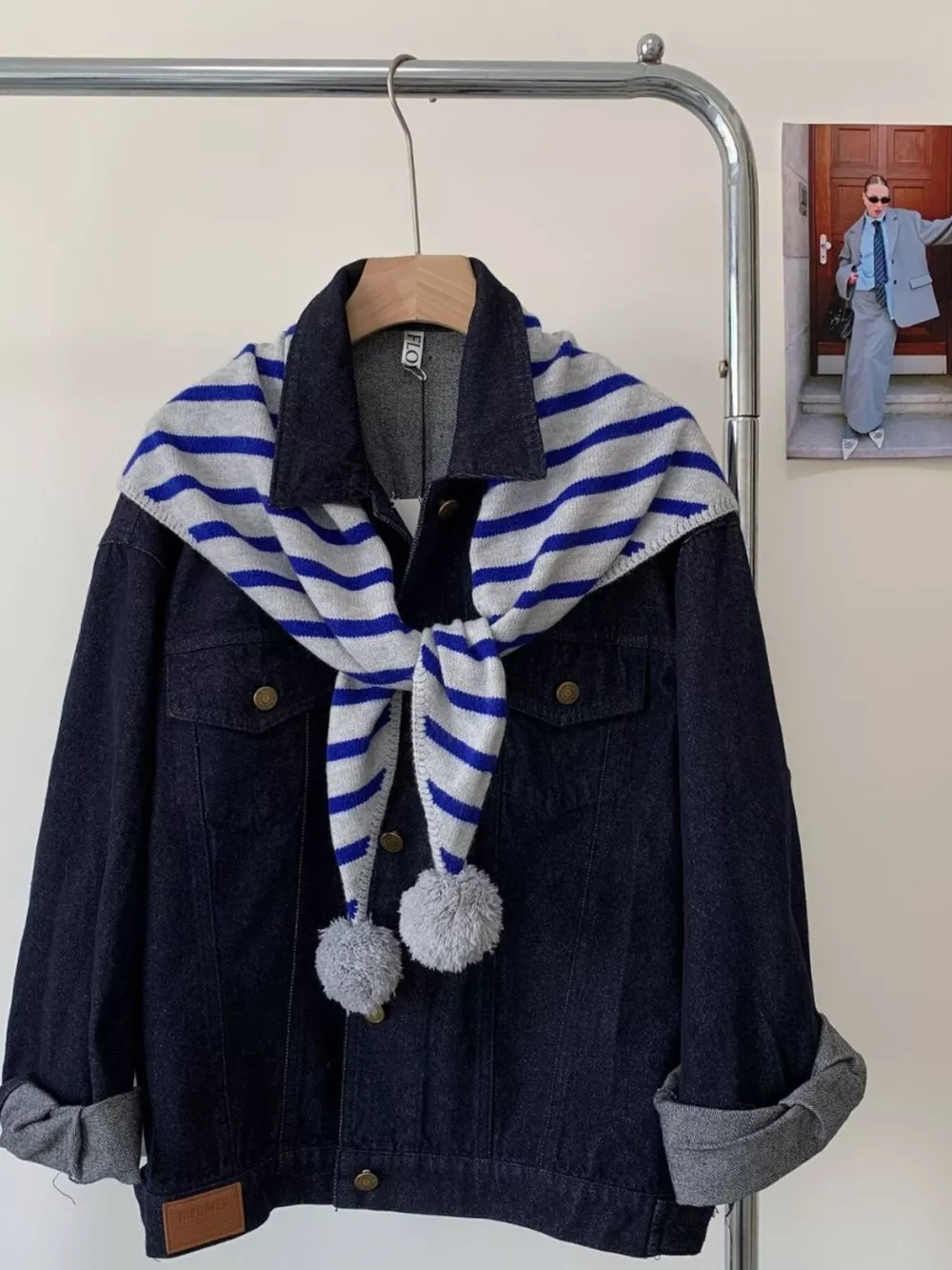Striped Knitted Scarf with Pom-poms