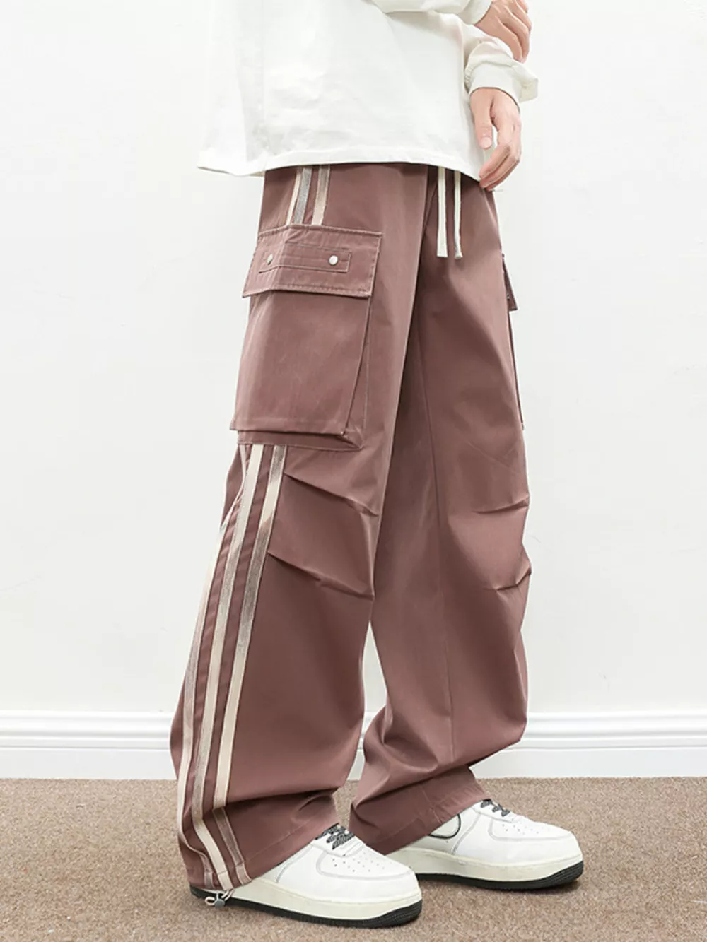 Men's Plus Size Casual Loose Cargo Pants with Side Stripes, image 3