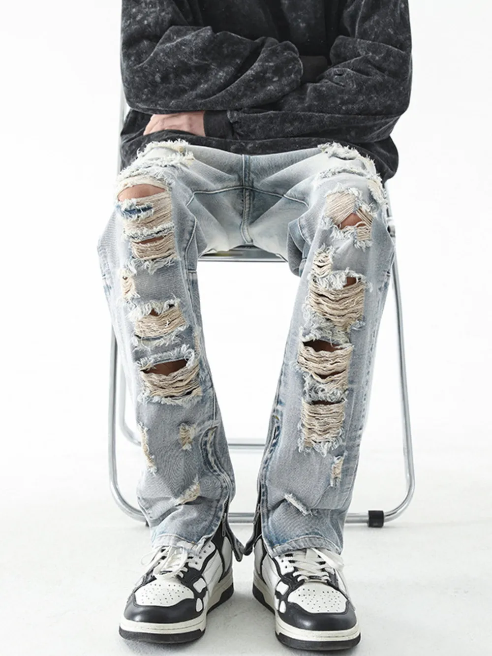 Men's Washed Distressed Straight Jeans, image 2