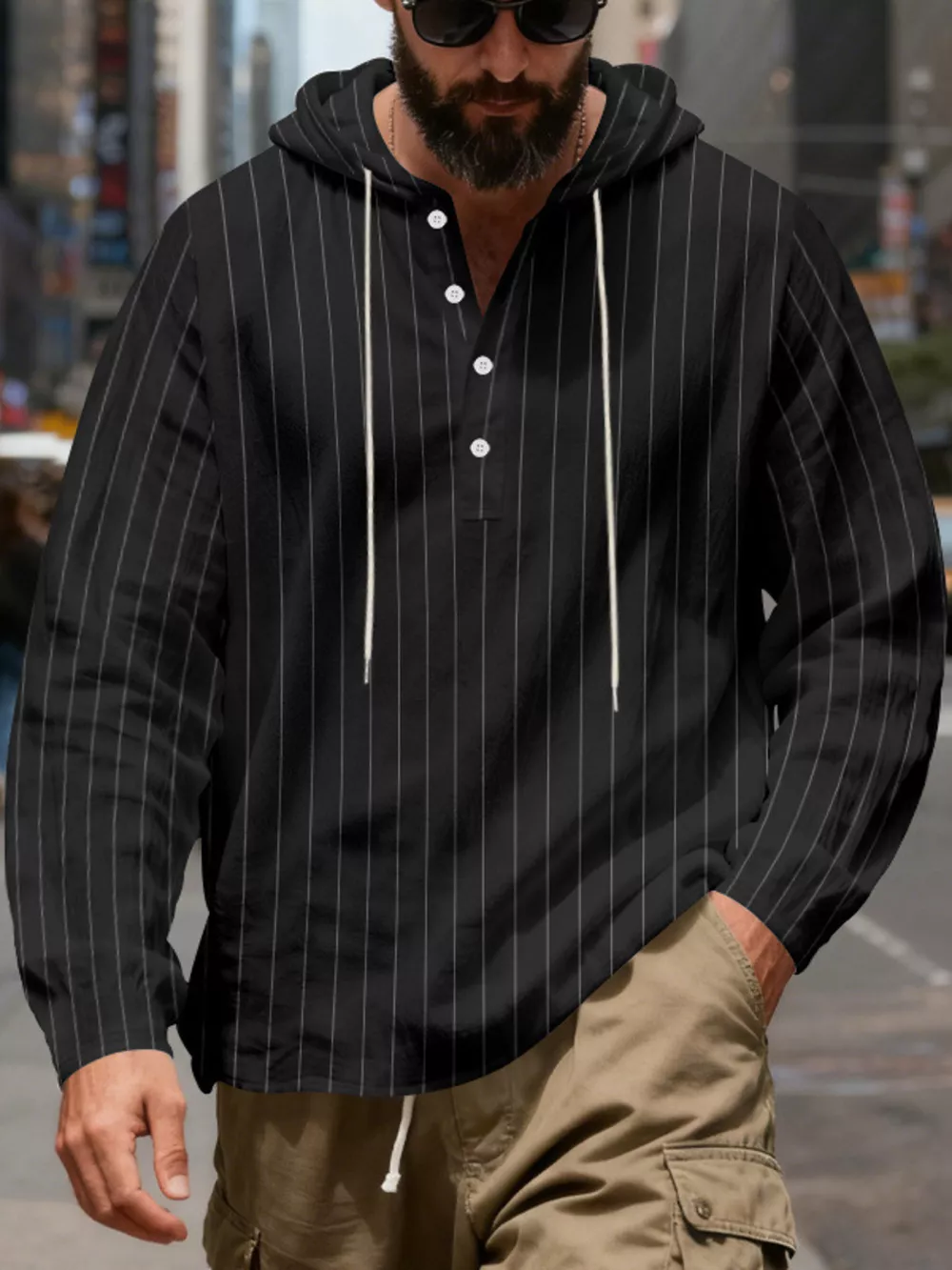 Men's Full Size Casual Striped Henley Hoodie with Drawstring Plus Size, image 13