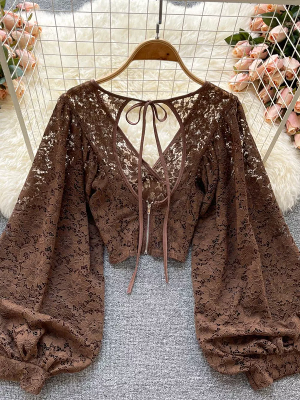 Lace Tie Back Long Sleeve Top, image 6