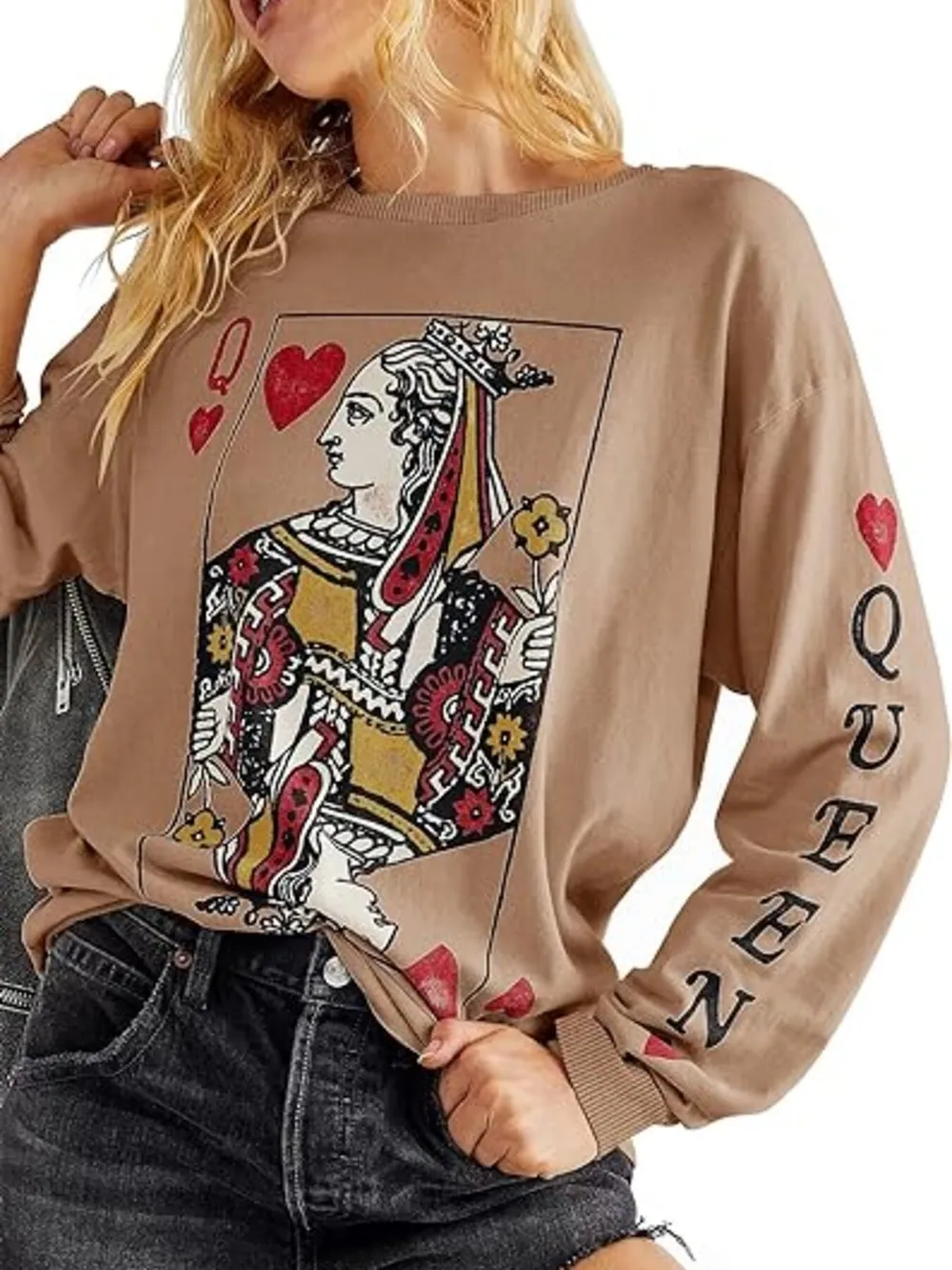 Queen of Hearts Playing Card Graphic Round Neck Sweatshirt, image 2