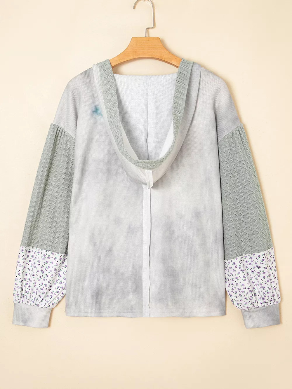 Floral Patched Waffle Textured V Neck Casual Hooded Top, image 2