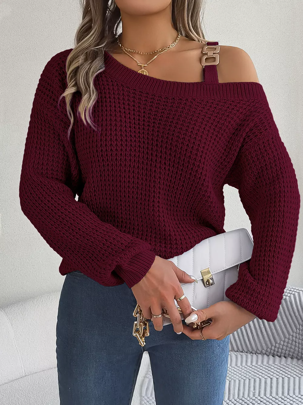 Asymmetrical Neck Long Sleeve Sweater, image 27