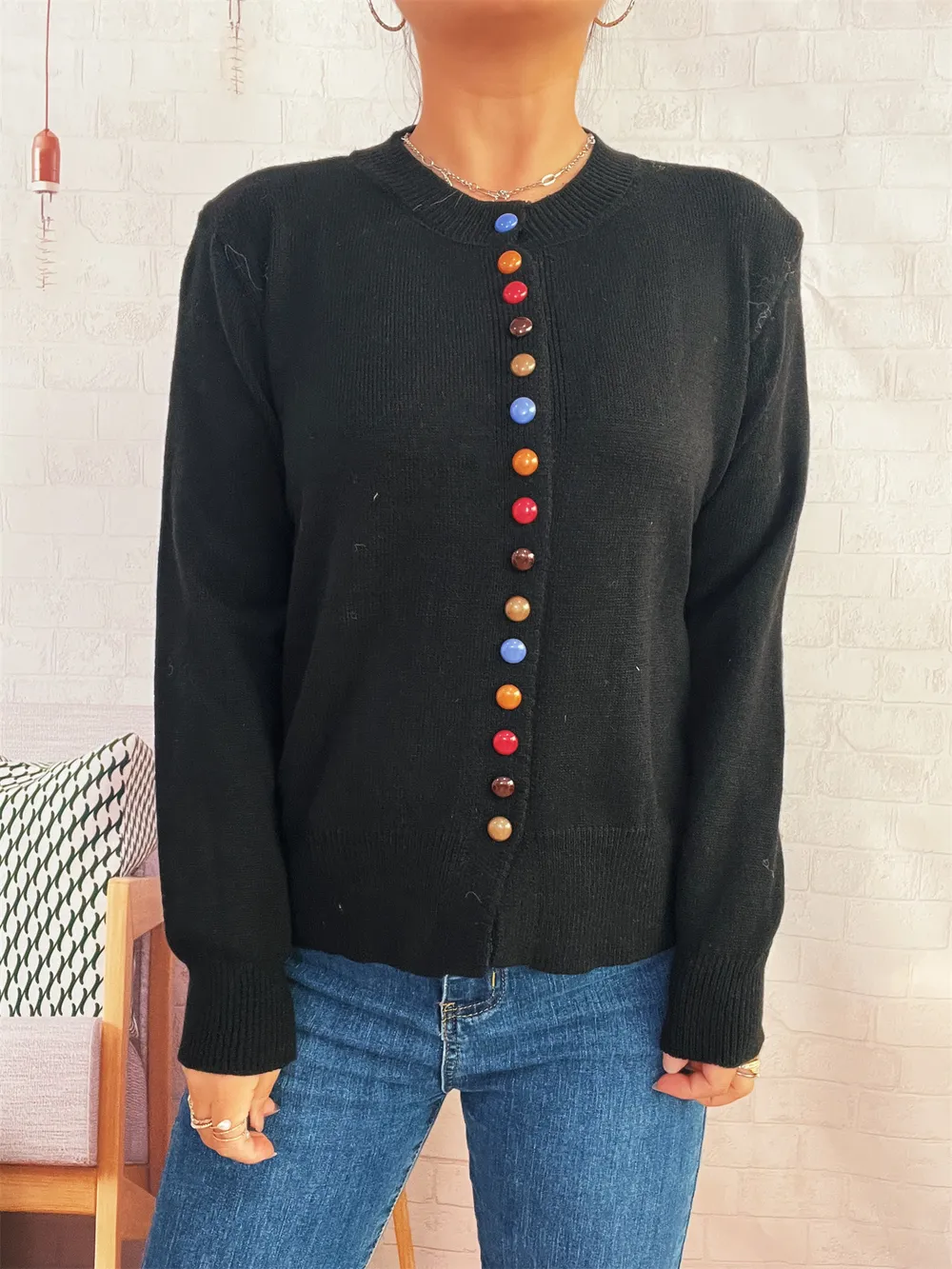 Button-Front Cardigan with Colorful Detail Buttons, image 13
