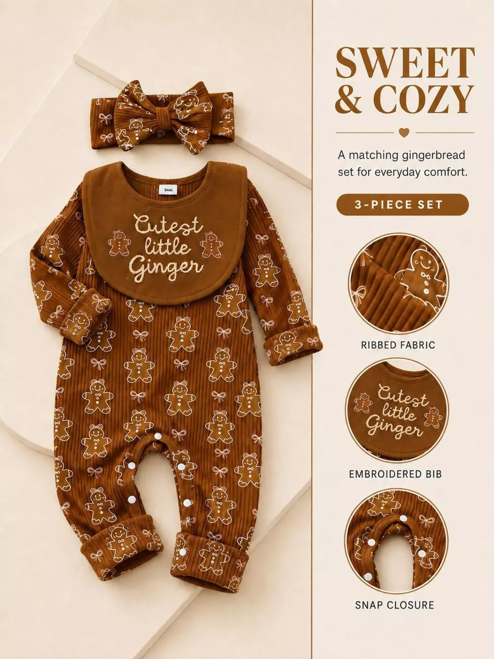 Children's Gingerbread Print Jumpsuit with Headband, image 2