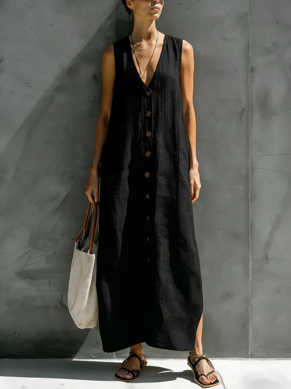 Full Size Sleeveless V-Neck Button-Down Linen Maxi Dress Plus Size, image 3