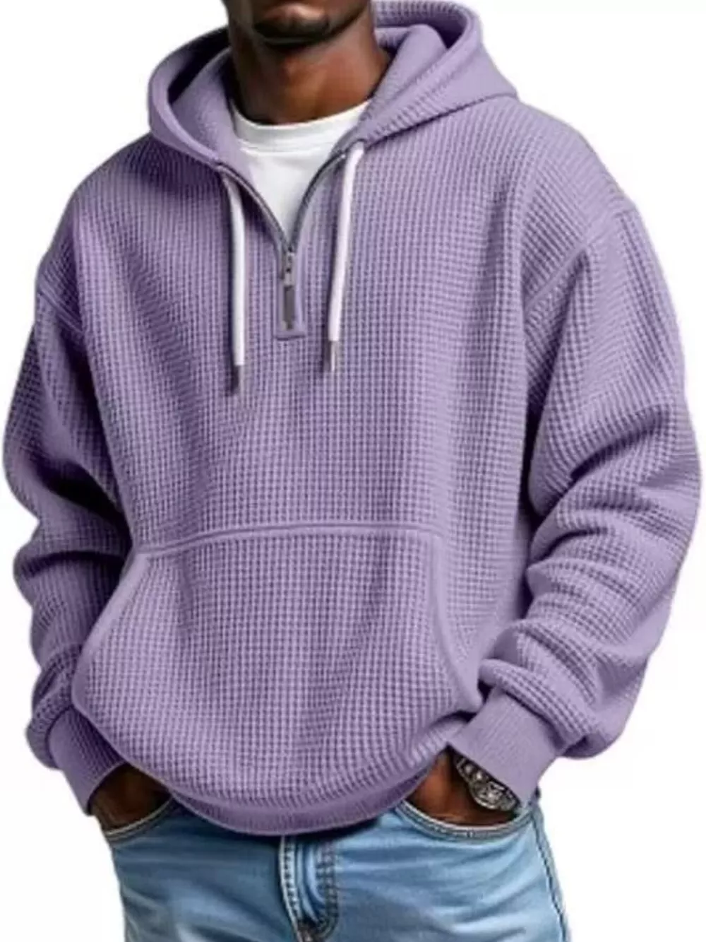Men's Full Size Textured Waffle Knit Half-Zip Hoodie Plus Size, image 2