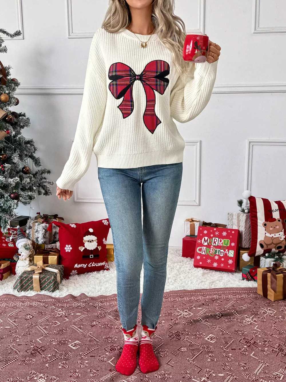 Christmas Bow Dropped Shoulder Sweater, image 6