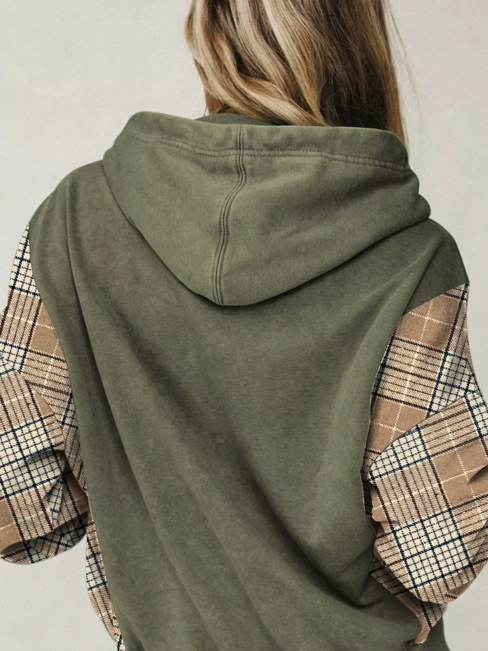 Plaid Sleeve Drawstring Pocket Hoodie, image 2
