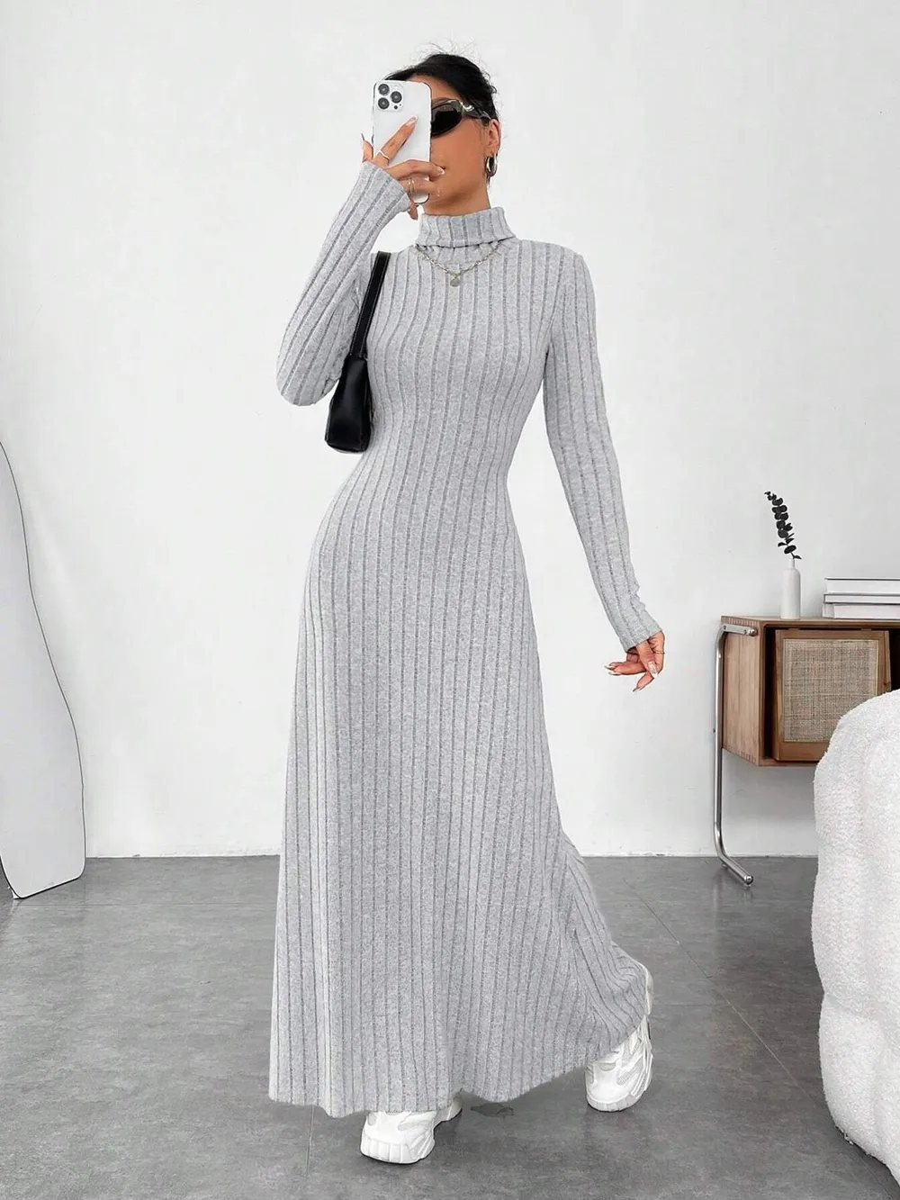 Ribbed Turtleneck Long Sleeve Maxi Knit Dress, image 8