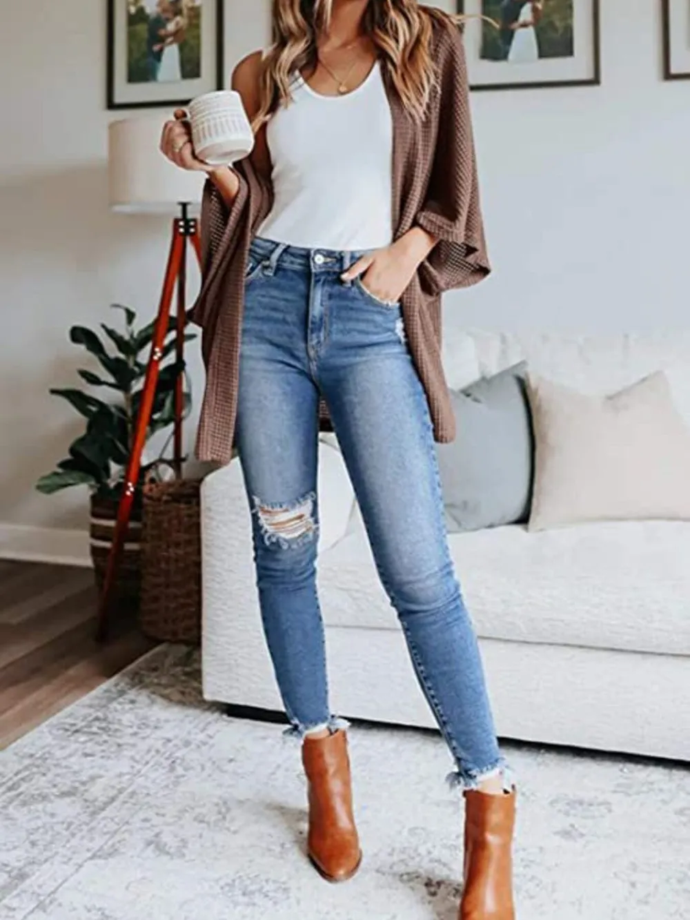 Full Size Open Front Waffle Knit Cardigan Plus Size, image 3