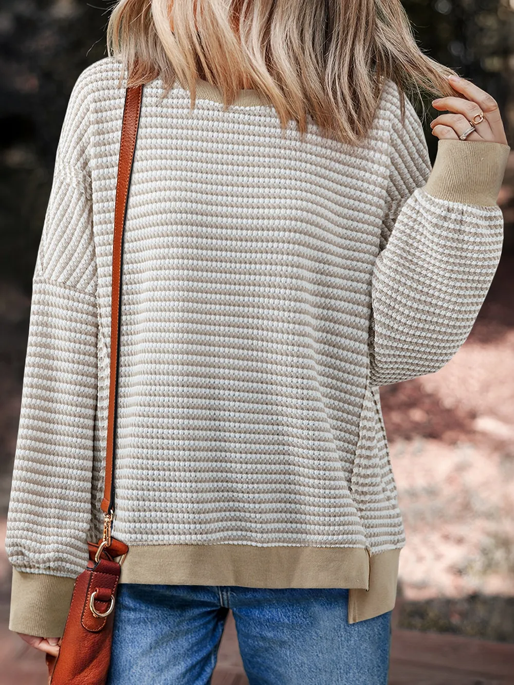 Stripe Ribbed Trim Drop Shoulder Long Sleeve Oversize Top, image 2