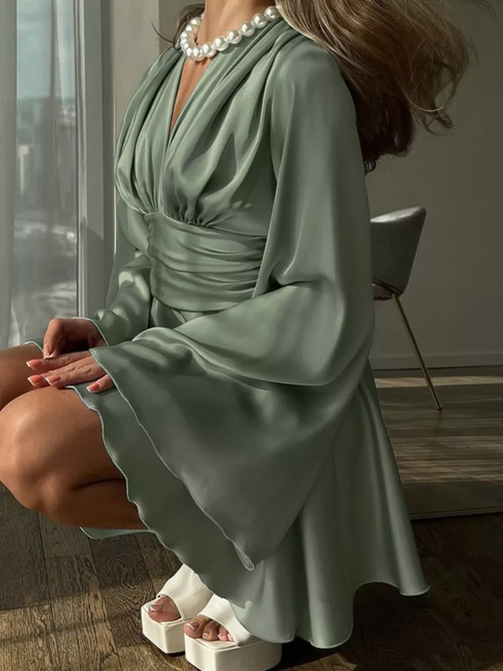 V-Neck Satin Mini Dress with Flowy Sleeves, image 4