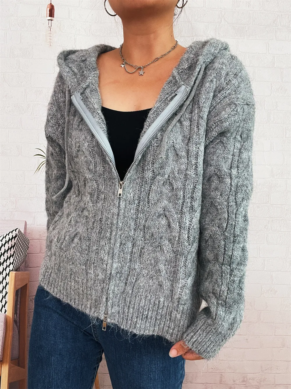 Cable Knit Hooded Zip-Up Cardigan, image 3