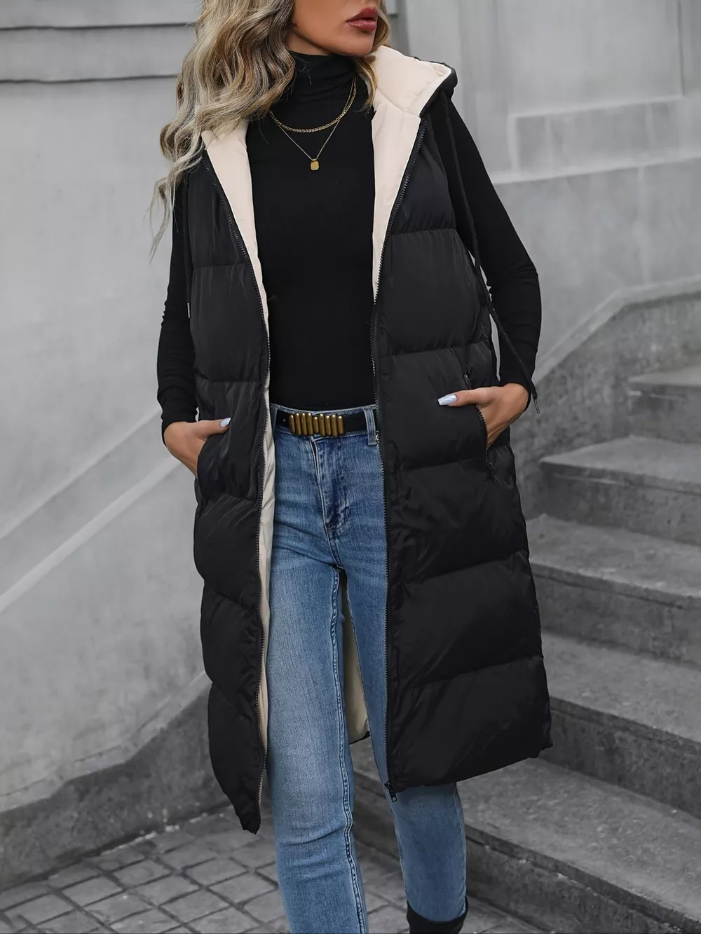 Longline Padded Hooded Vest Coat, image 2