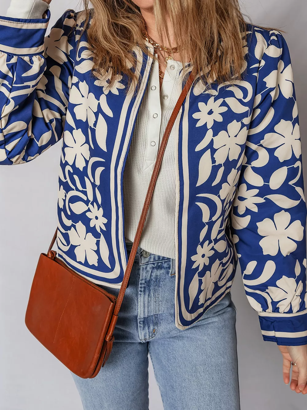 Flower Print Open Front Buttoned Cuffs Elegant Jacket, image 2