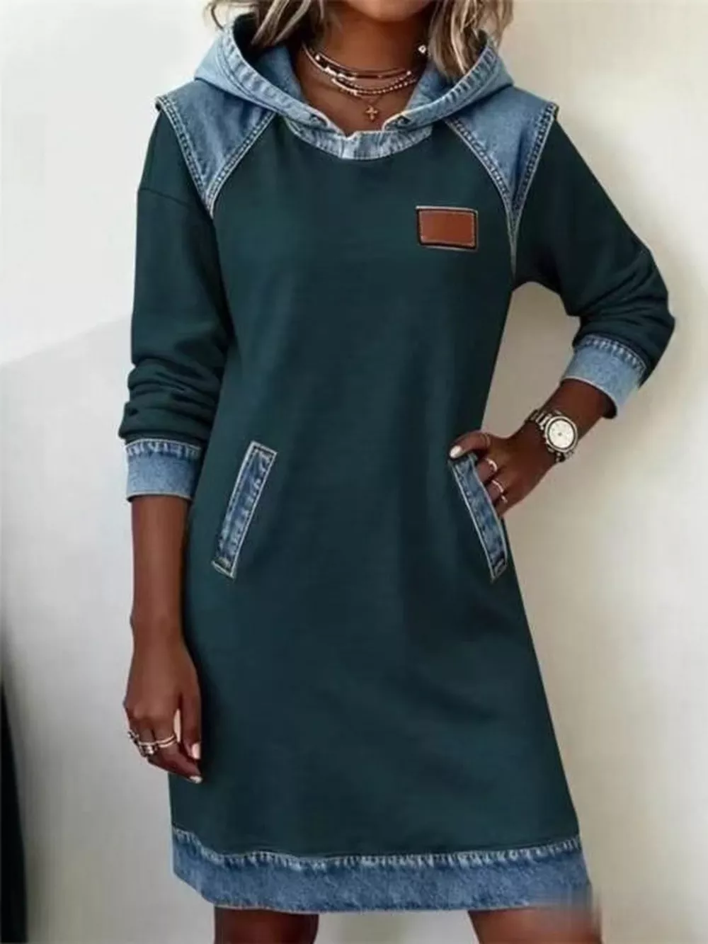 Full Size Denim Patchwork Hooded Sweatshirt Dress Plus Size, image 5