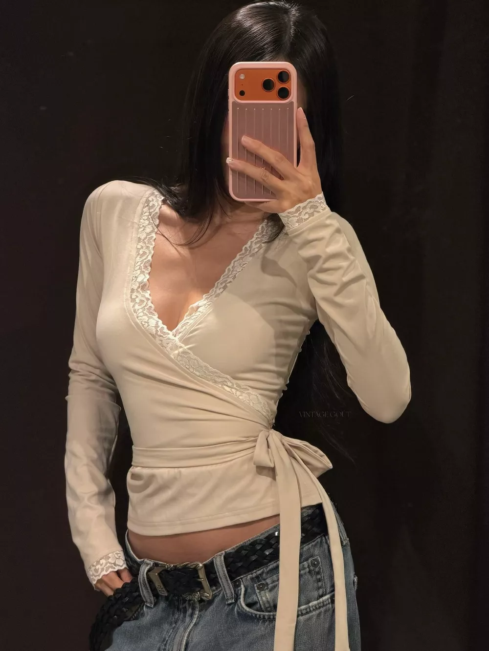 Lace-Trimmed Long Sleeves Wrap Blouse, image 5