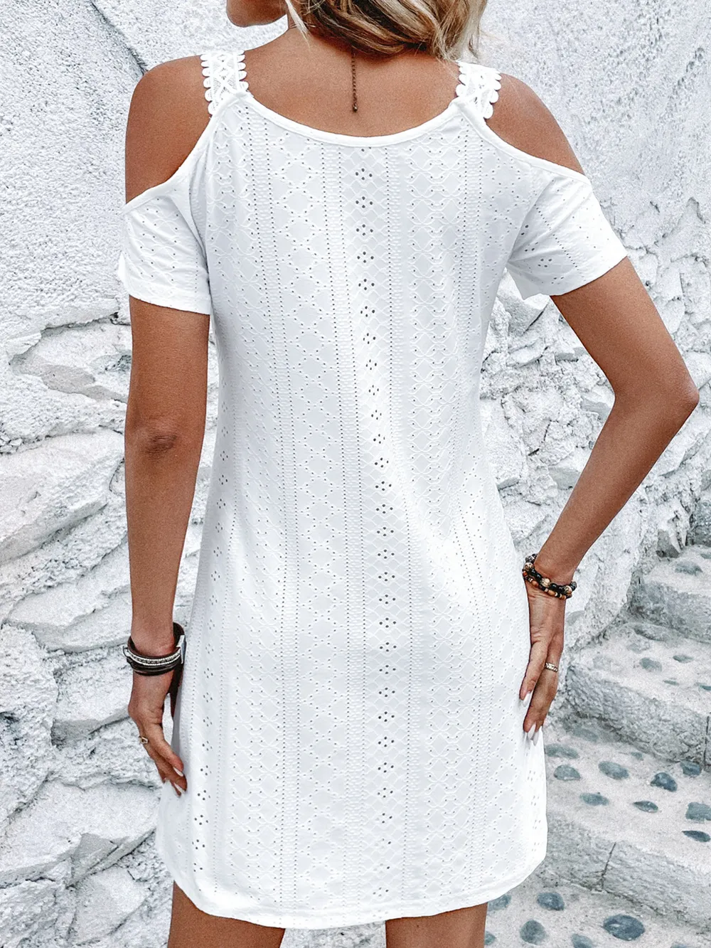 Cold Shoulder Short Sleeve Eyelet Mini Dress, image 3