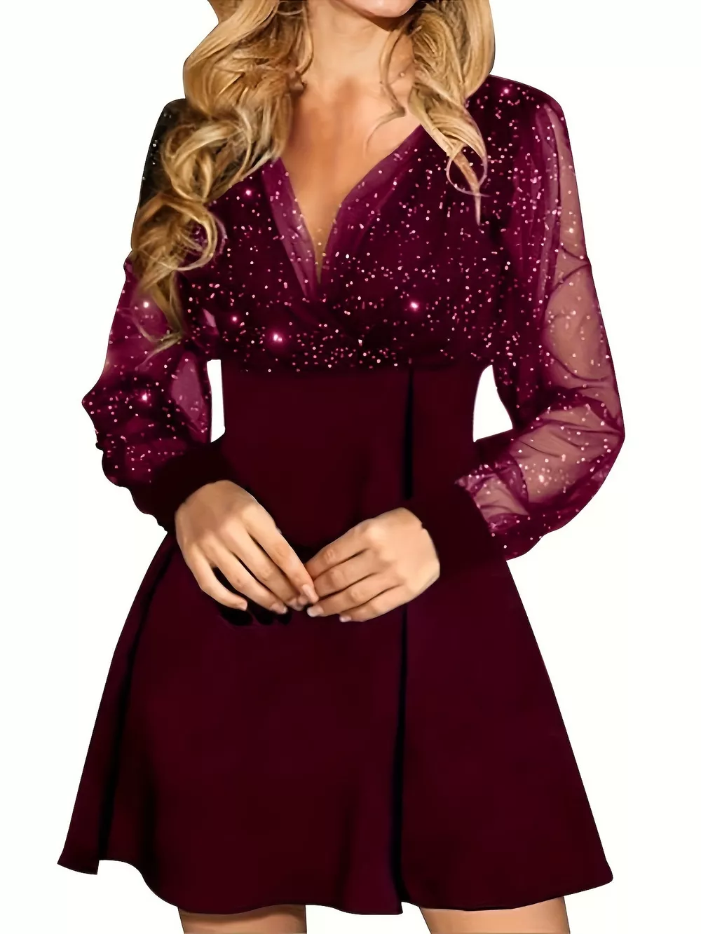 Glitter Mesh Long Sleeve Mini Dress, image 6