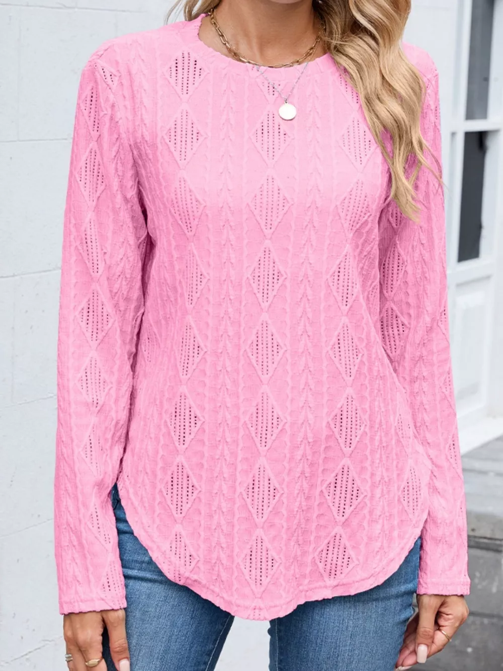 Textured Diamond Knit Long Sleeve T-Shirt, image 3