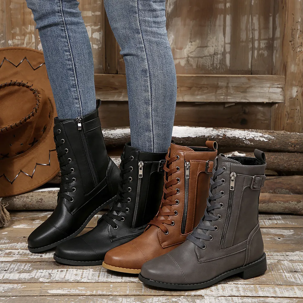 Round Toe Lace Up Block Heels Boots, image 2